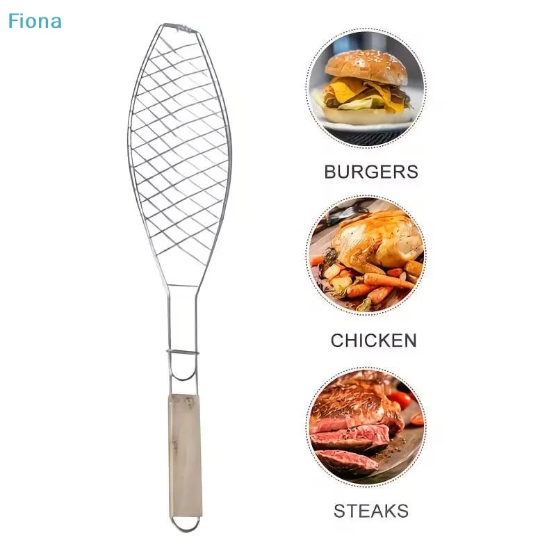 Stainless Steel Fish Grilling Basket with Wooden Handle for BBQ