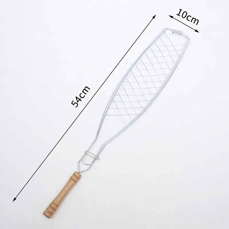 Stainless Steel Fish Grilling Basket with Wooden Handle for BBQ - B