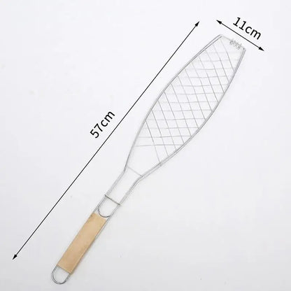 Stainless Steel Fish Grilling Basket with Wooden Handle for BBQ - A