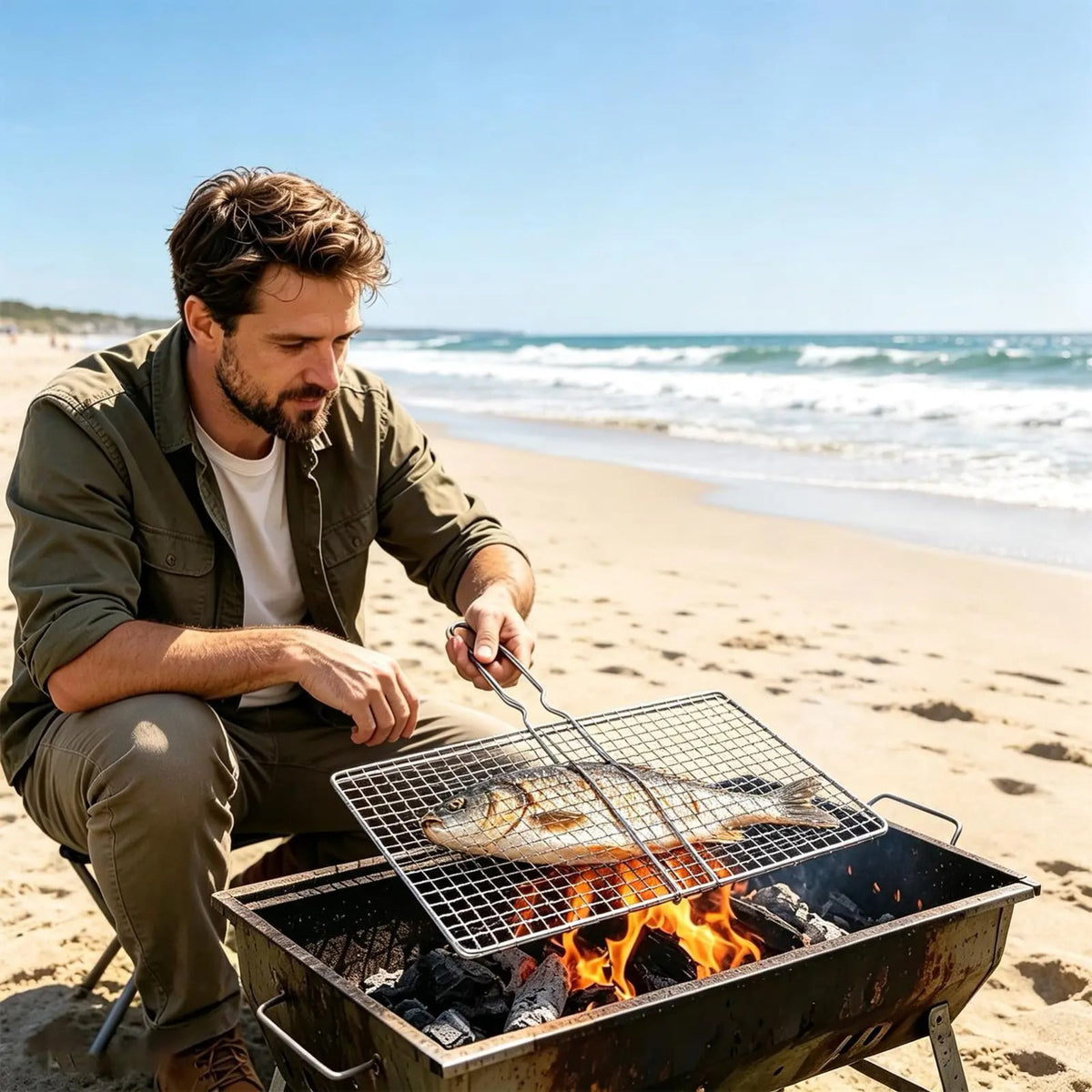 Stainless Steel Folding Grill Basket with Removable Handle, Medium or Large