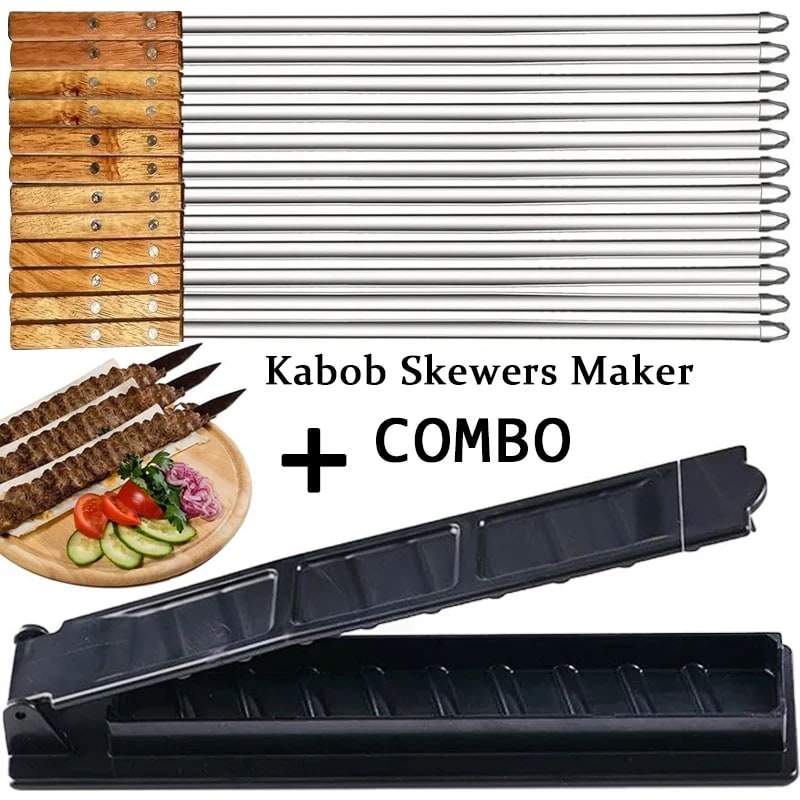 Flat Stainless Steel BBQ Skewers with Kabob Maker, 55cm, 6 or 12 Pack