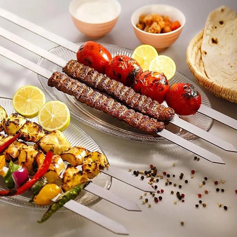 Flat Stainless Steel BBQ Skewers with Kabob Maker, 55cm, 6 or 12 Pack
