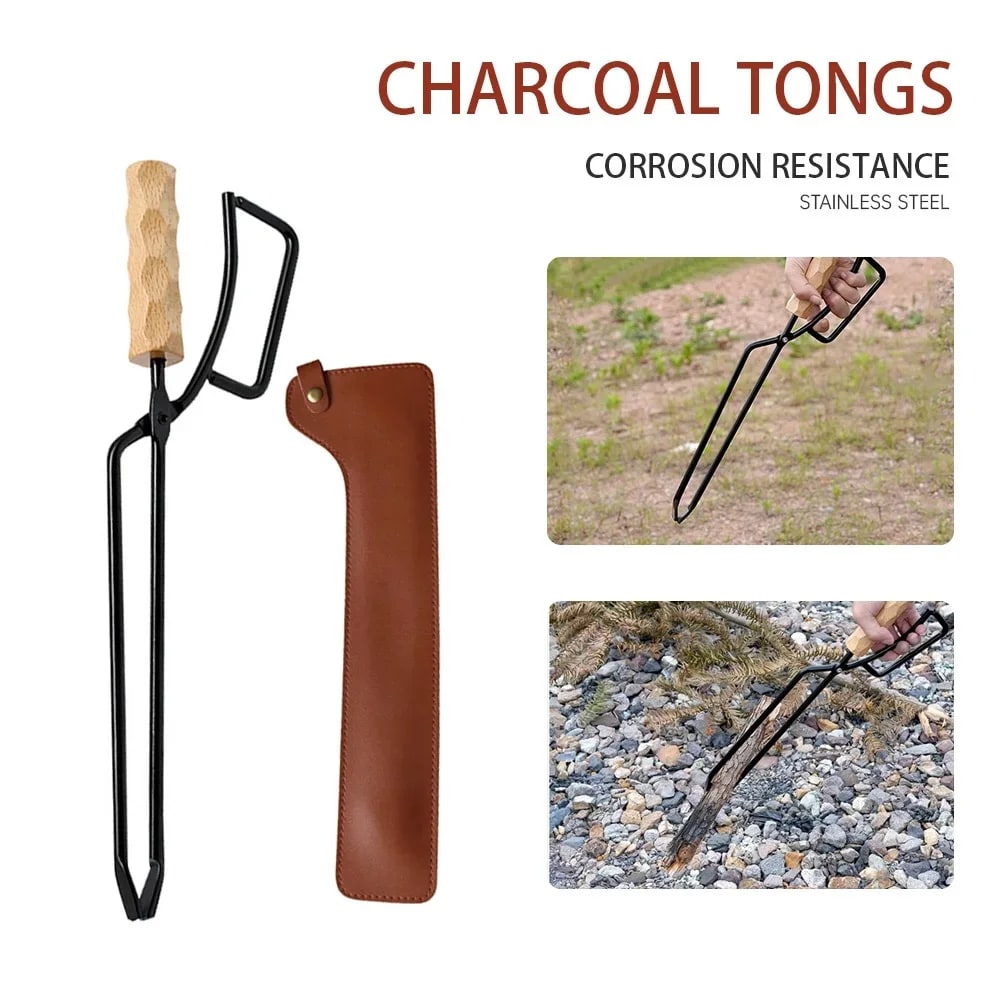 Metal Fire Tongs with Wooden Handle, Spring Action, 47 x 10 cm