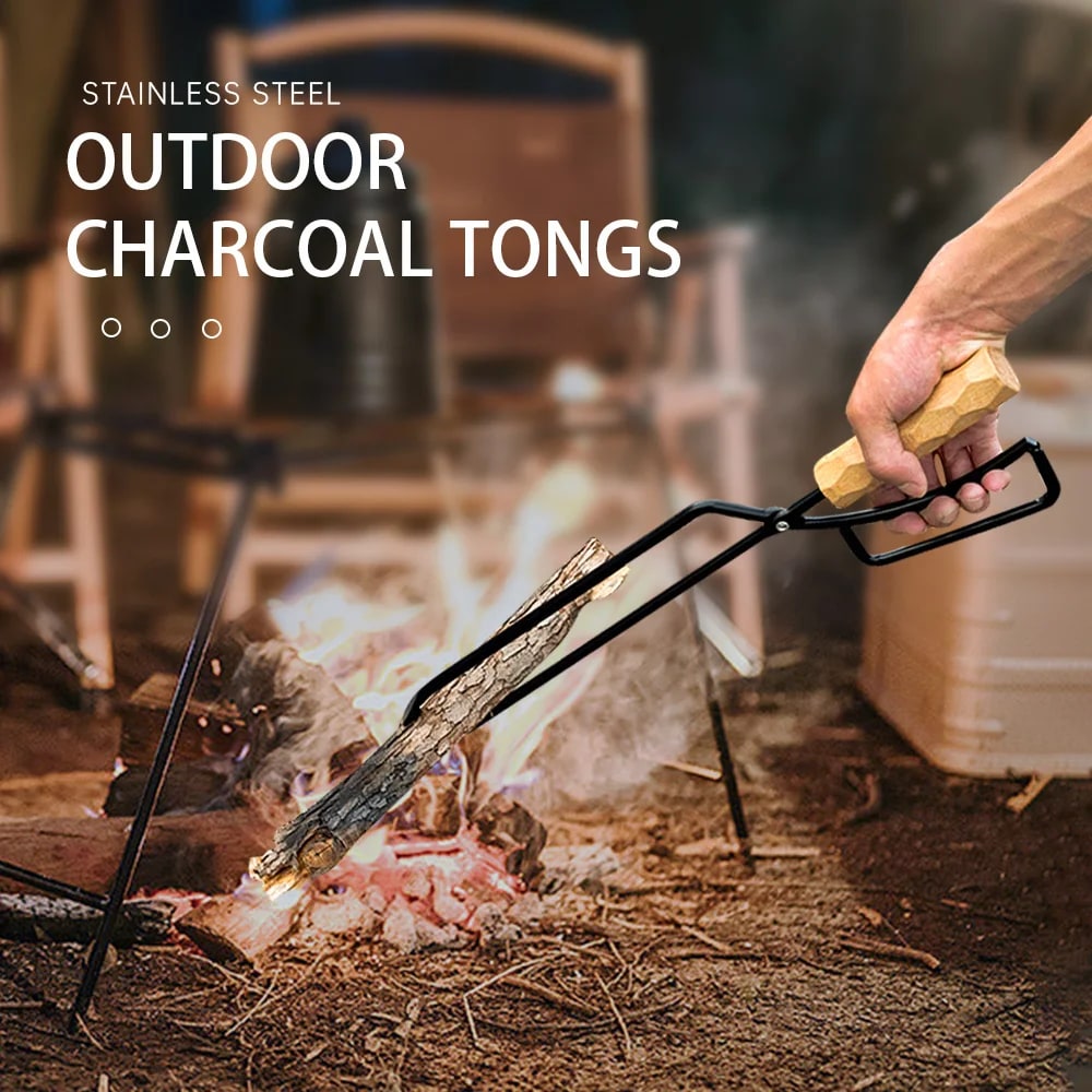 Metal Fire Tongs with Wooden Handle, Spring Action, 47 x 10 cm