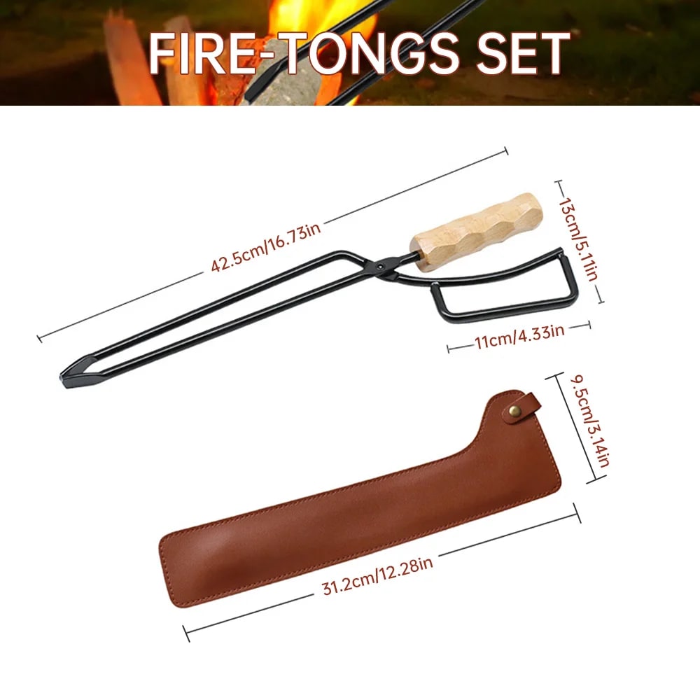 Metal Fire Tongs with Wooden Handle, Spring Action, 47 x 10 cm - Set