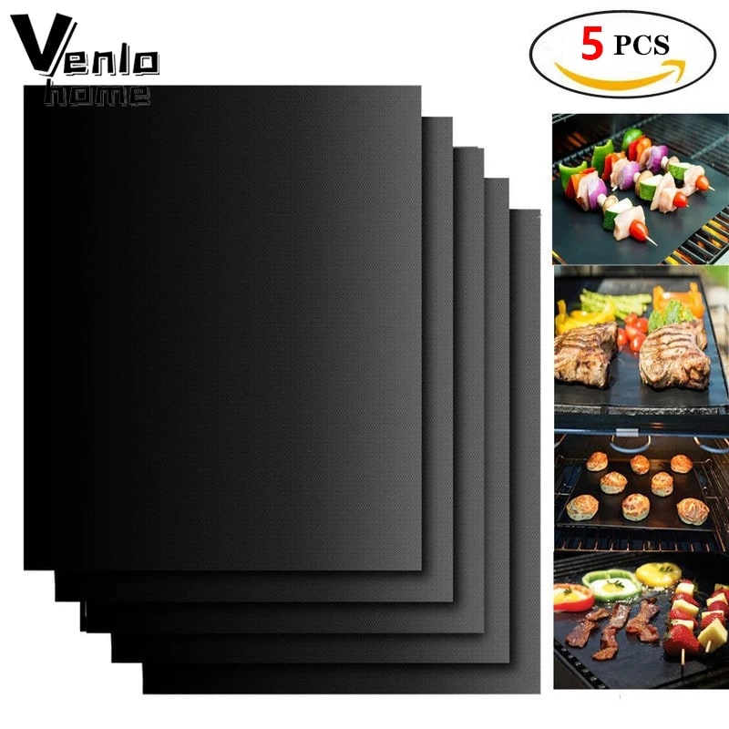 Non-Stick BBQ Grill Mat 5-Pack, Reusable Black Barbecue Liner, 0.2mm, 2 Sizes