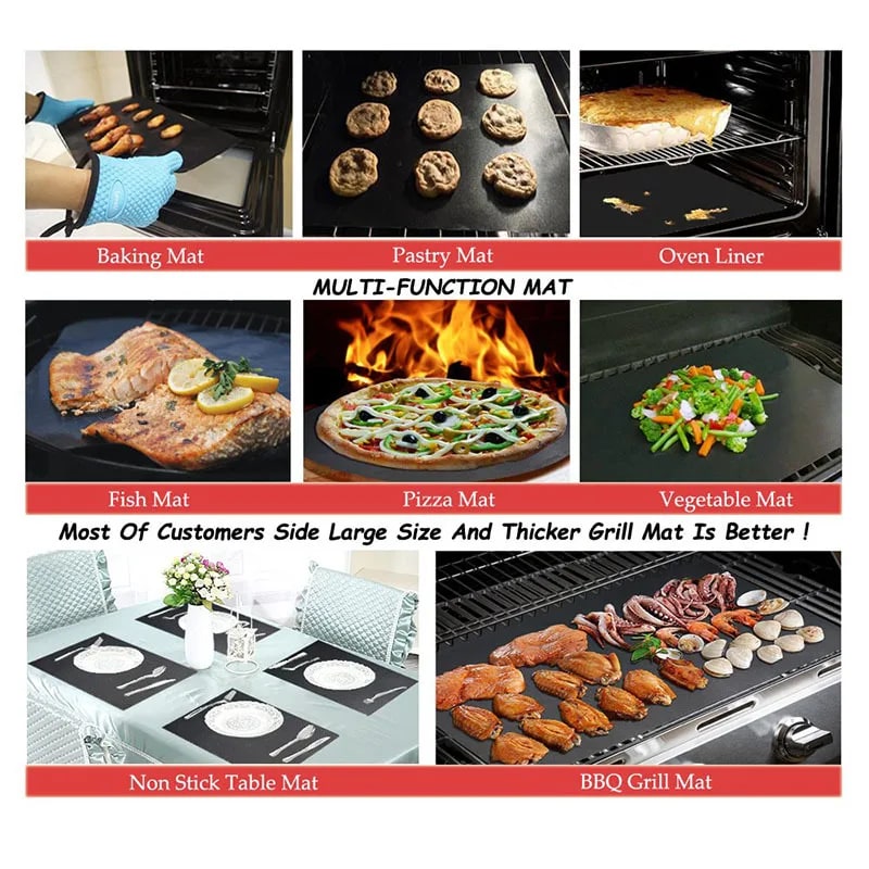 Non-Stick BBQ Grill Mat 5-Pack, Reusable Black Barbecue Liner, 0.2mm, 2 Sizes