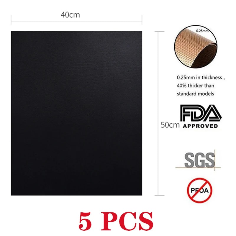 Non-Stick BBQ Grill Mat 5-Pack, Reusable Black Barbecue Liner, 0.2mm, 2 Sizes - Black 5Pcs 50x40cm