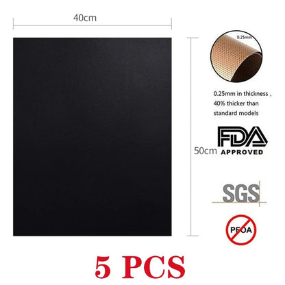 Non-Stick BBQ Grill Mat 5-Pack, Reusable Black Barbecue Liner, 0.2mm, 2 Sizes - Black 5Pcs 50x40cm