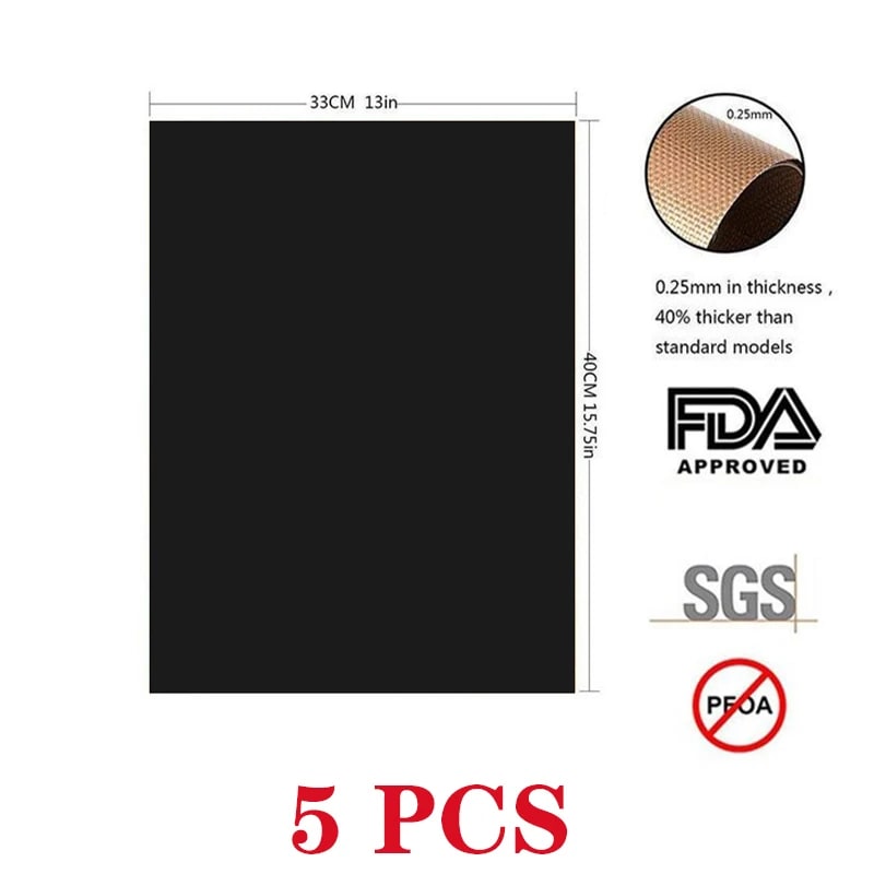 Non-Stick BBQ Grill Mat 5-Pack, Reusable Black Barbecue Liner, 0.2mm, 2 Sizes - Black 5Pcs 40x33cm