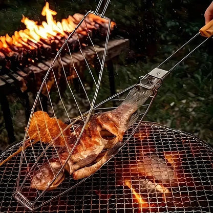 Stainless Steel Barbecue Fish Tongs with Wooden Handle