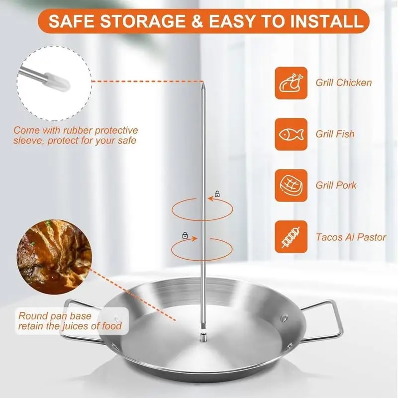 Stainless Steel Vertical BBQ Skewer Roaster Rack with Bowl and 3 Spikes