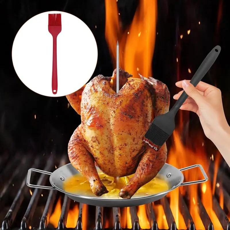 Stainless Steel Vertical BBQ Skewer Roaster Rack with Bowl and 3 Spikes