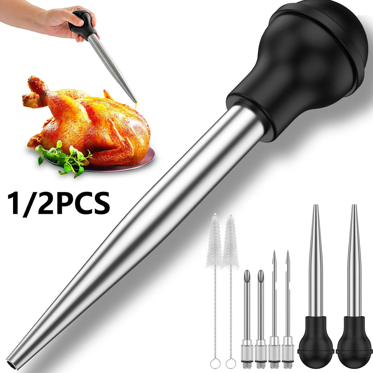 Turkey Baster Syringe for BBQ Meat with Stainless Steel Needles and Black Silicone Bulb