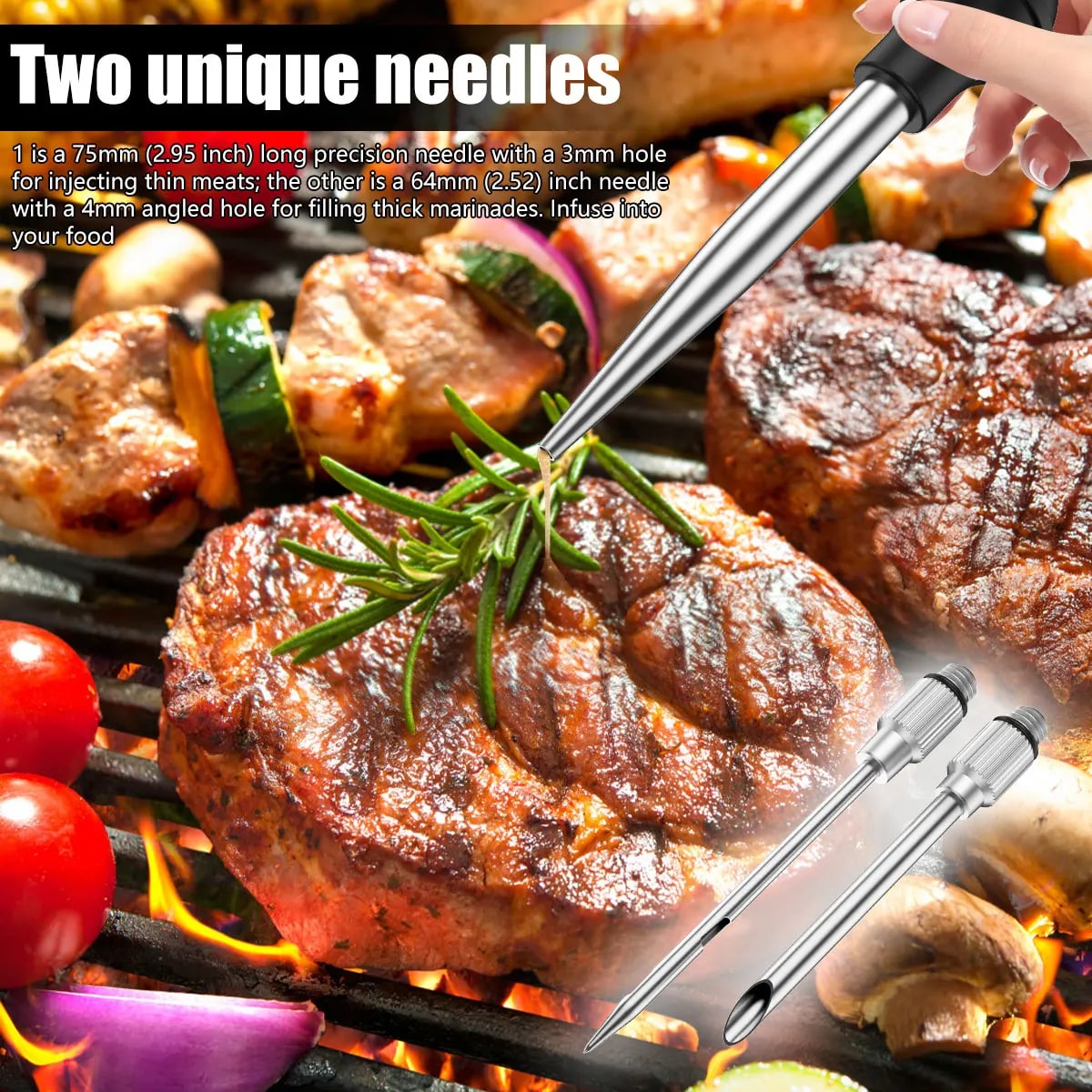Turkey Baster Syringe for BBQ Meat with Stainless Steel Needles and Black Silicone Bulb