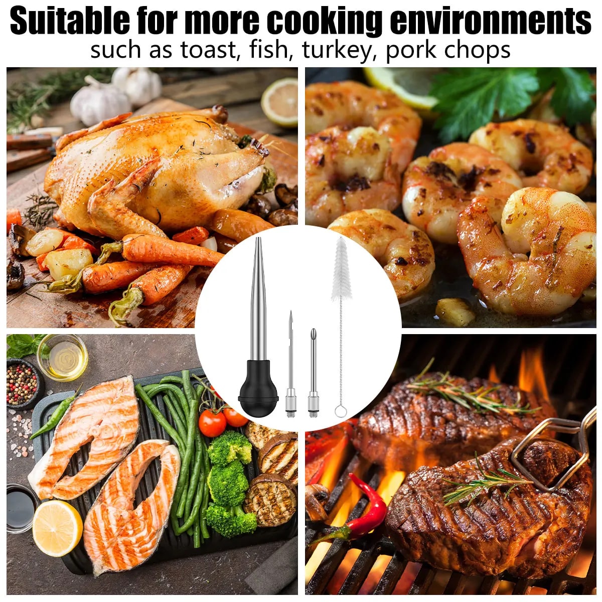 Turkey Baster Syringe for BBQ Meat with Stainless Steel Needles and Black Silicone Bulb