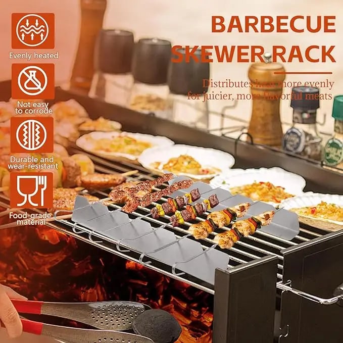 Metal Skewer Holder Rack for BBQ Grilling, Anti-Slip Groove, Heat-Resistant Tool Set