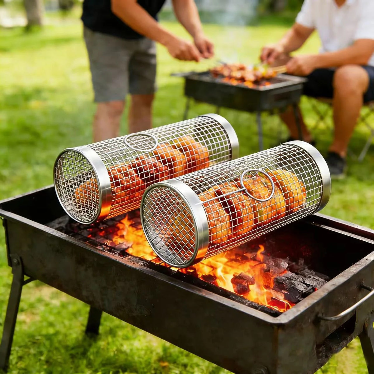 Round Stainless Steel BBQ Grill Basket for Meat and Vegetables, 20cm or 30cm
