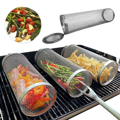 Round Stainless Steel BBQ Grill Basket for Meat and Vegetables, 20cm or 30cm