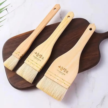 Natural Wool Bristle Pastry Brush with Wooden Handle, BBQ, Baking and Basting, S-M-L