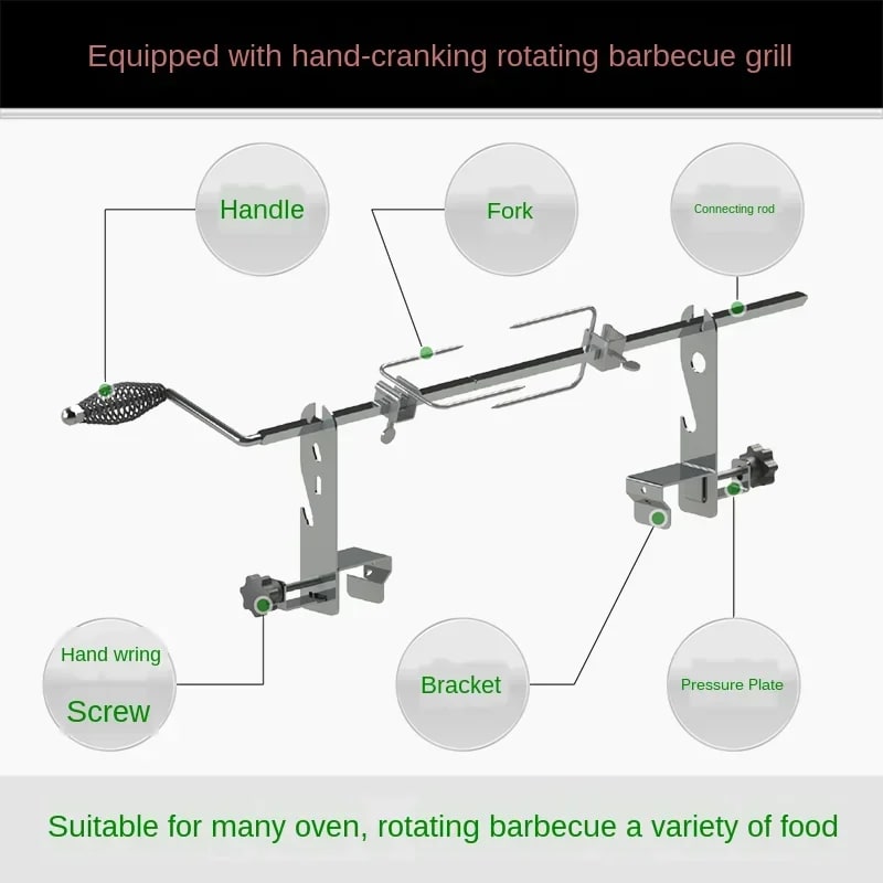 Manual Stainless Steel Rotisserie Rack with Extended-Pronged Forks for Charcoal Barbecues