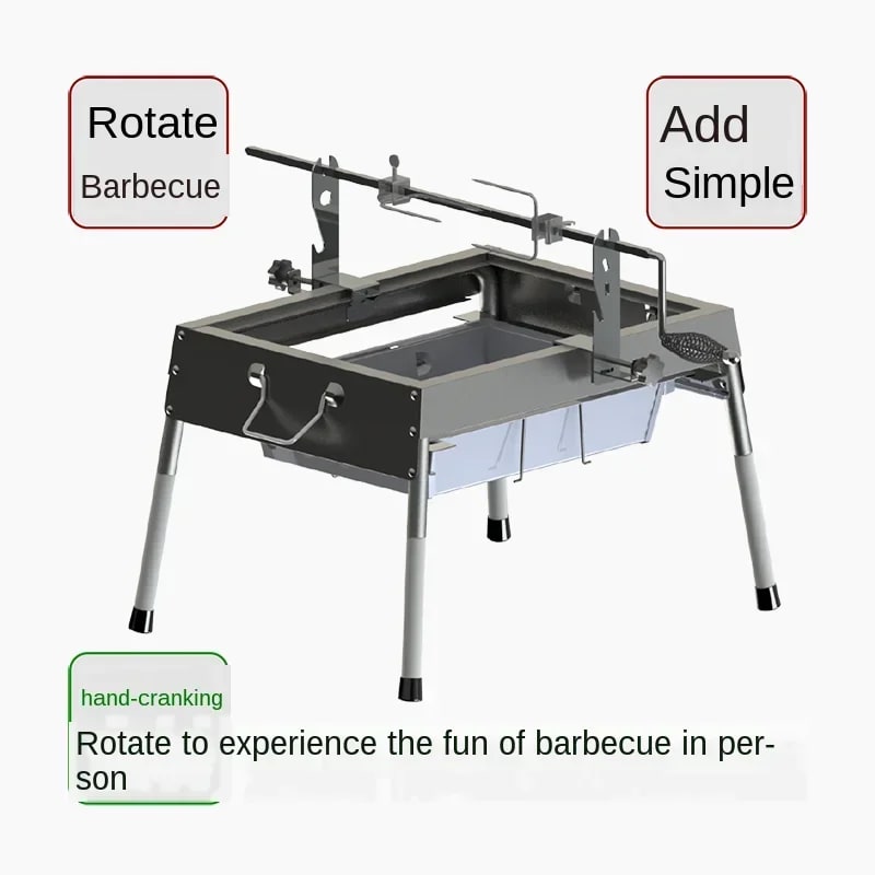 Manual Stainless Steel Rotisserie Rack with Extended-Pronged Forks for Charcoal Barbecues