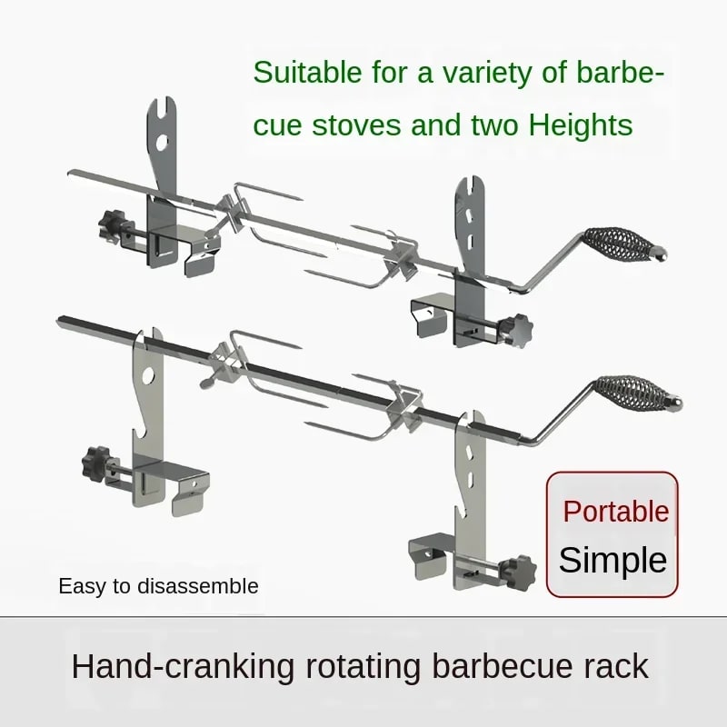 Manual Stainless Steel Rotisserie Rack with Extended-Pronged Forks for Charcoal Barbecues