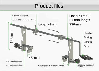 Manual Stainless Steel Rotisserie Rack with Extended-Pronged Forks for Charcoal Barbecues