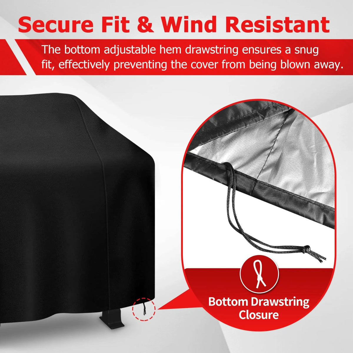 BBQ Grill Cover Black Waterproof Anti-UV with Adjustable Drawstring, Multiple Sizes