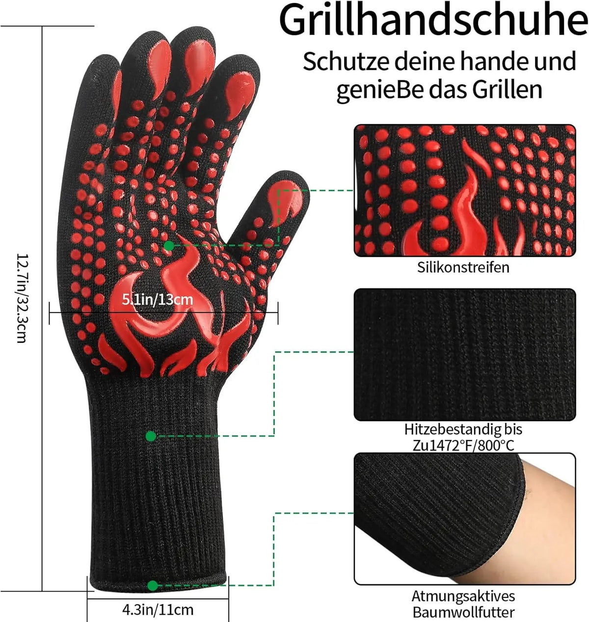 Heat-Resistant BBQ Oven Gloves with Silicone Grip, Red or Black, 1 or 2 Pack