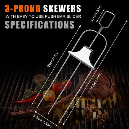 3-Piece Stainless Steel BBQ Skewer Set with Push-Rod Sliders, 14in
