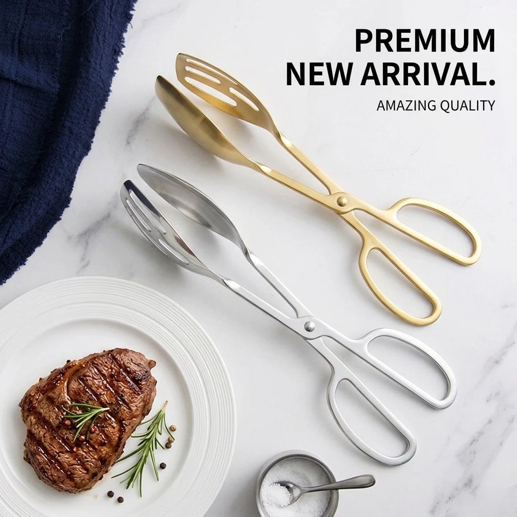 Scissor Food Tongs, 430 Stainless Steel BBQ Cooking and Serving Tongs, Gold or Silver