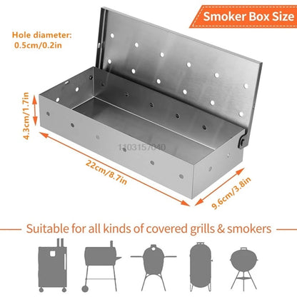 Stainless Steel BBQ Smoker Box for Wood Chips, 22 x 9.6 x 4.3 cm