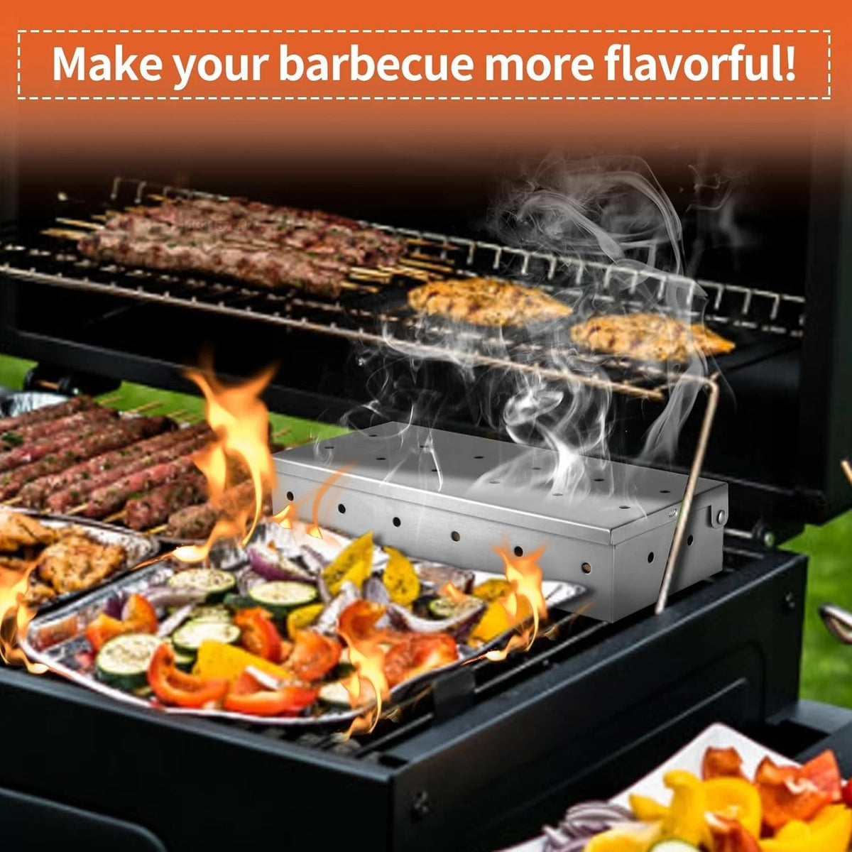 Stainless Steel BBQ Smoker Box for Wood Chips, 22 x 9.6 x 4.3 cm