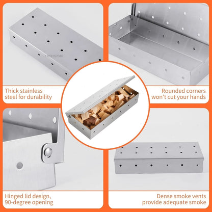 Stainless Steel BBQ Smoker Box for Wood Chips, 22 x 9.6 x 4.3 cm