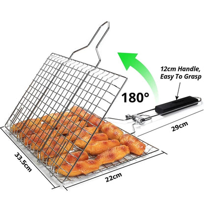 bbqdeals Foldable Stainless Steel Grill Basket with Removable Wooden
