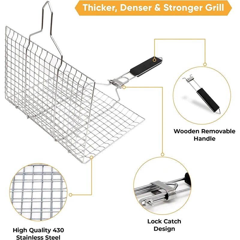 bbqdeals Foldable Stainless Steel Grill Basket with Removable Wooden