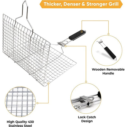 bbqdeals Foldable Stainless Steel Grill Basket with Removable Wooden