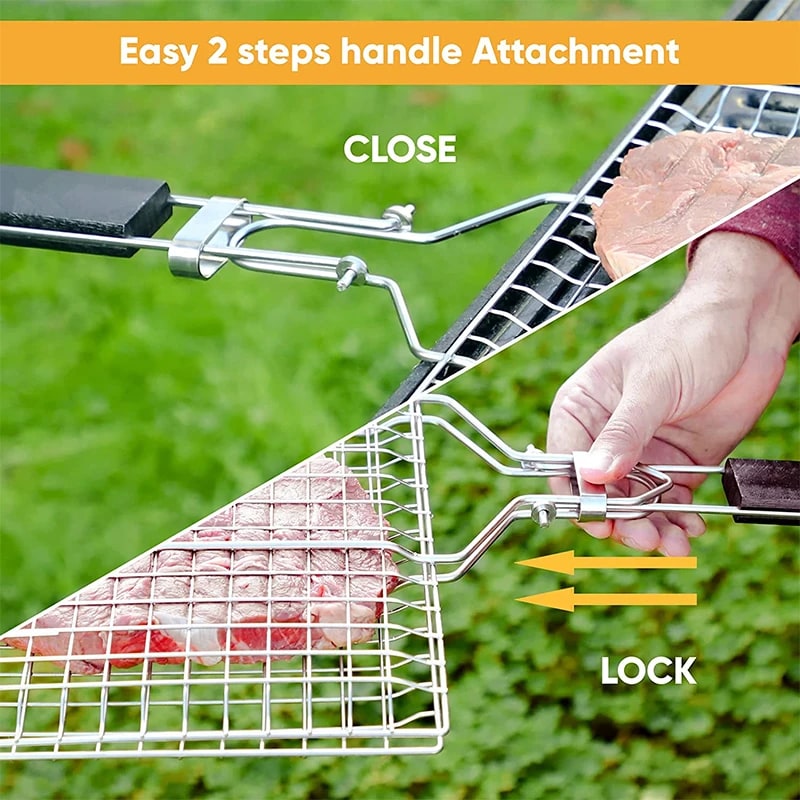 bbqdeals Foldable Stainless Steel Grill Basket with Removable Wooden