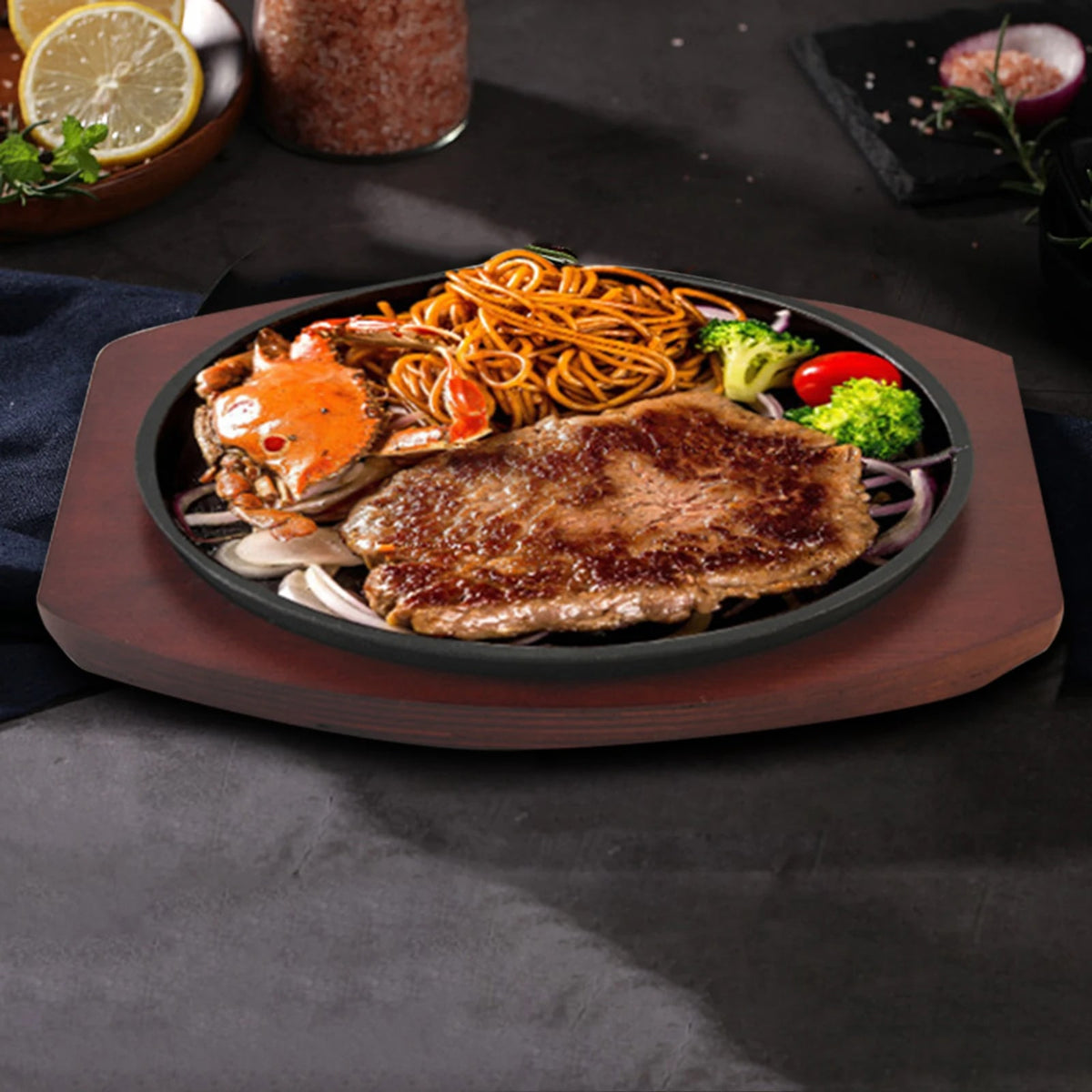Personal-Size Round Sizzling Grilling Pan with Wooden Base, 19cm, 21cm or 23cm