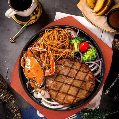Personal-Size Round Sizzling Grilling Pan with Wooden Base, 19cm, 21cm or 23cm