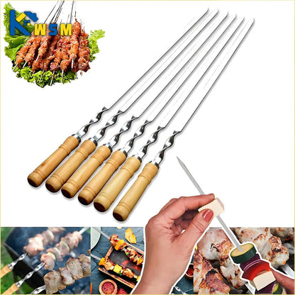 55cm Stainless Steel BBQ Skewers with Wooden Handles, Flat Kebab Sticks
