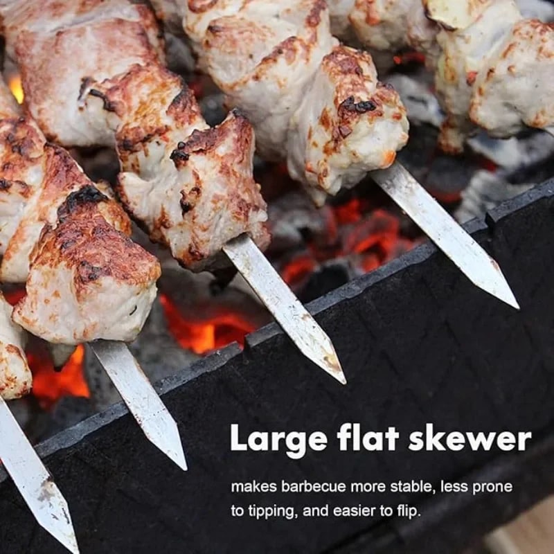 55cm Stainless Steel BBQ Skewers with Wooden Handles, Flat Kebab Sticks