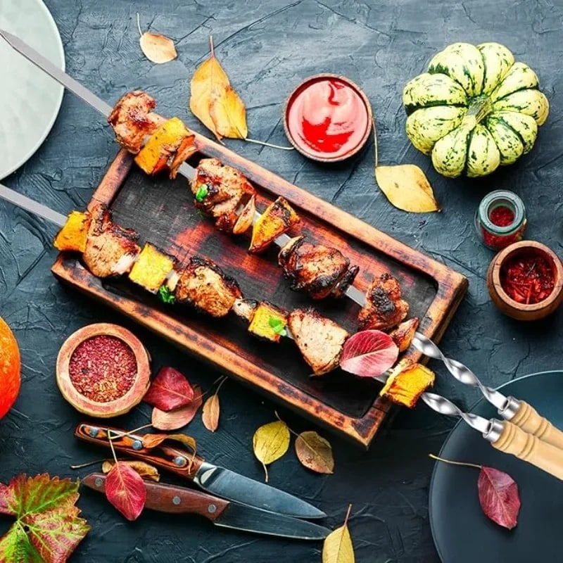 55cm Stainless Steel BBQ Skewers with Wooden Handles, Flat Kebab Sticks