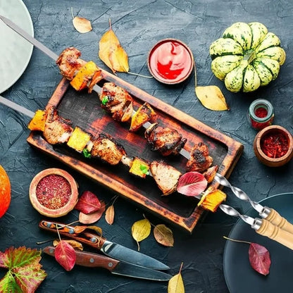 55cm Stainless Steel BBQ Skewers with Wooden Handles, Flat Kebab Sticks