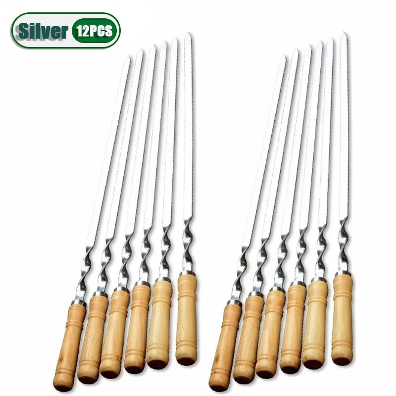55cm Stainless Steel BBQ Skewers with Wooden Handles, Flat Kebab Sticks - Silver-12PCS