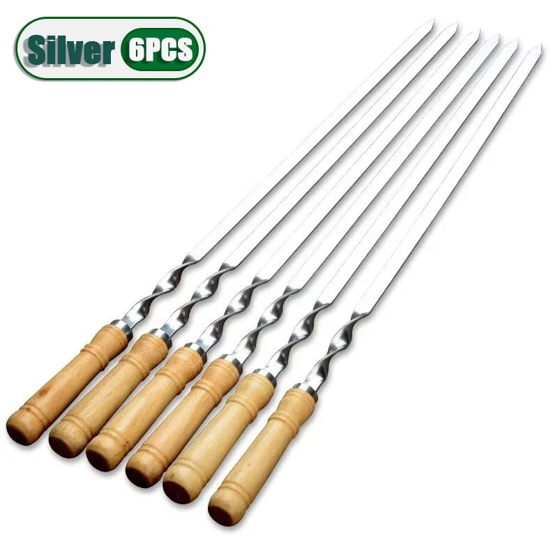 55cm Stainless Steel BBQ Skewers with Wooden Handles, Flat Kebab Sticks - Silver-6PCS