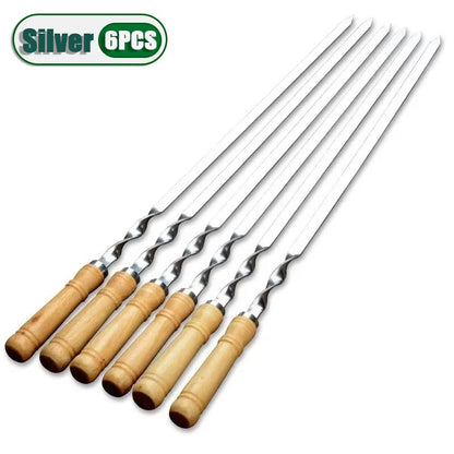 55cm Stainless Steel BBQ Skewers with Wooden Handles, Flat Kebab Sticks - Silver-6PCS