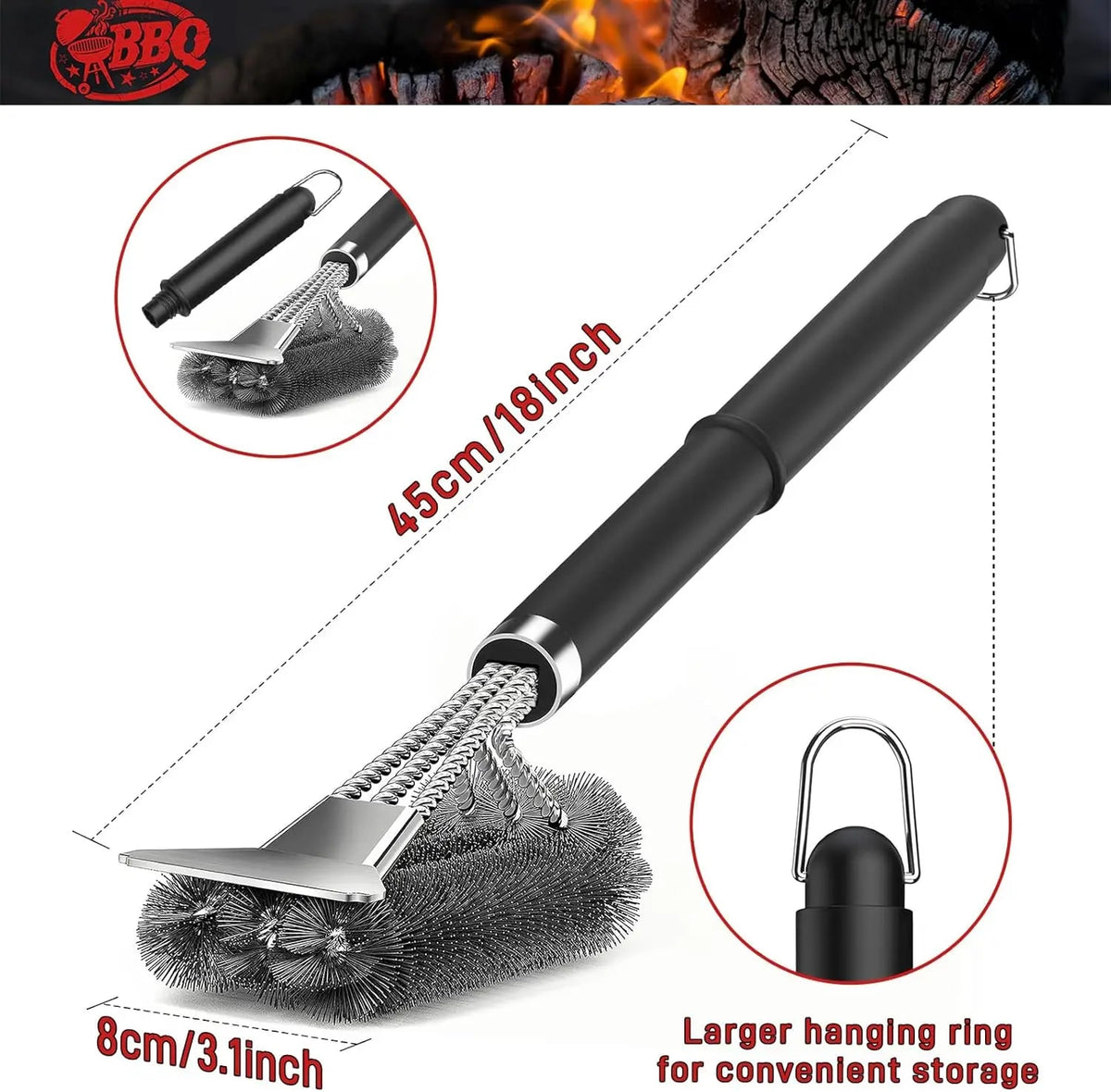 Stainless Steel BBQ Grill Brush with Scraper, 45cm