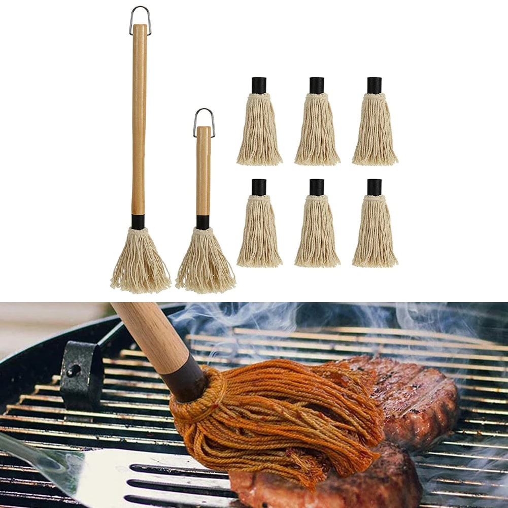 BBQ Basting Mop Cotton Fibre and Wood Sauce Glaze Brush for Grilling and Smoking